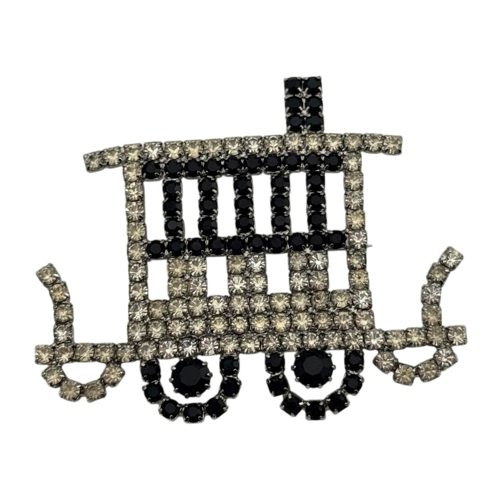 Vintage Rhinestone Locomotive Train Brooch Black Clear Figural Pin Silver Tone